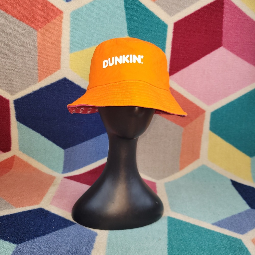 Dunkin Donuts Reversible Bucket Hat Orange Pink Iced Coffee Cup Print Logo Hat
